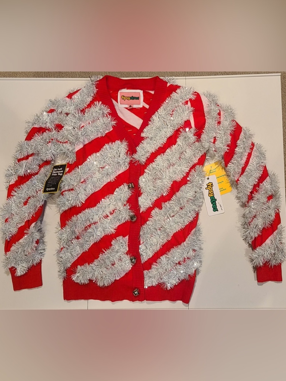 Tipsy Elves Red And White Candy Cane Tinsel and Jingle Bells  Cardigan sz S
